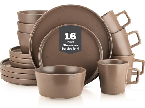Stone Lain Celina Stoneware 16-Piece Modern Dinnerware Set, Plates and Bowls, Matte Brown, Service For 4, Microwave & Dishwasher Safe