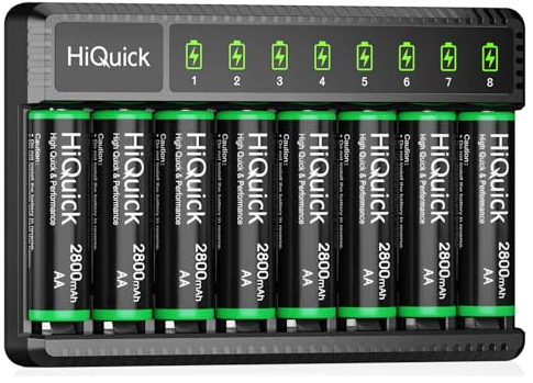 HiQuick AA Rechargeable Batteries 8 Pack, 2800mAh with 8-Bay Smart Charger