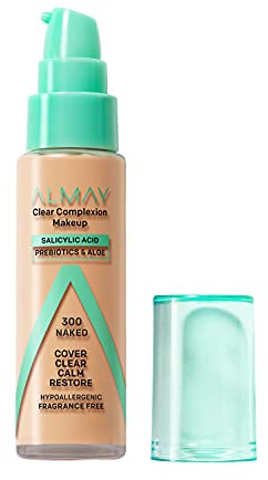 Almay Clear Complexion Acne Foundation Makeup with Salicylic Acid, Medium Coverage, Soft Matte Finish, Hypoallergenic, Cruelty- & Fragrance-Free, Dermatologist Tested, 300 Naked, 1 fl oz
