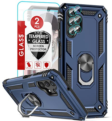 LeYi Rugged Case for Samsung Galaxy A13 4G LTE(Not 5G) and 2 Tempered Glass Screen Protector & 2 Camera Lens Protector,Ring Holder Military Grade Protective Shockproof Cover for Samsung A13 4G Blue