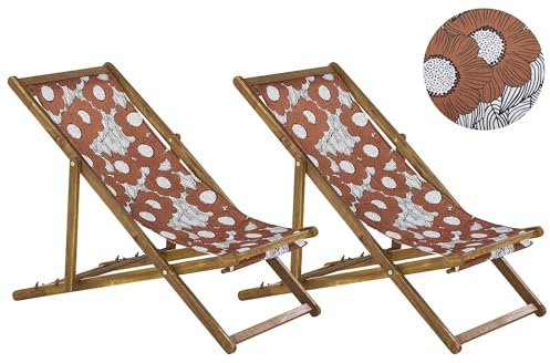 Beliani Zwei Liegestühle aus Akazienholz Stoffbezüge rot/weiß Mohnblumenmuster Anzio