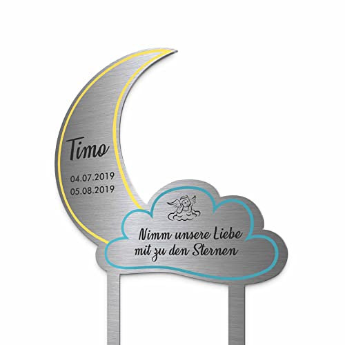 Edelstahl Grabstecker Mond - Blumenstecker Metall | Personalisiertes Sternenkind Andenken - Sternenkinder Grabschmuck wetterfest | persönliche Friedhof Grab Kindergrab Deko (Personalisierbar)