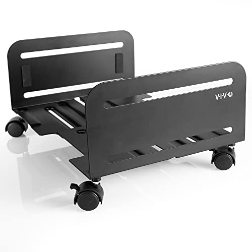 VIVO Stort datortorn skrivbord ATX-fodral, CPU-stål rullstativ, 7,8 till 14 tum bred justerbar mobilvagnshållare med låsande möbelhjul, spel-PC-hållare, svart, CART-PC01L