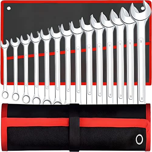 Retoo Maulschlüssel Set Maul-Ringschlüssel-Satz Ratschenschlüssel 14 tlg SW 8-24 mm Gabelringschlüssel Rolltasche Handwerkzeuge Schraubenschlüssel Chrom-Vanadium-Stahl