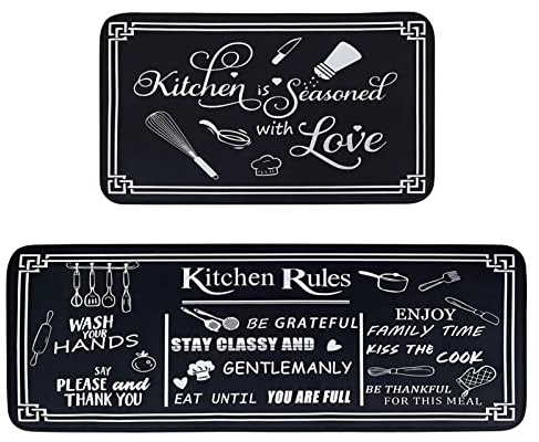 Voanos Black and White Kitchen Rugs,Non Skid Washable Microfiber mats for Kitchen Floor,Kitchen Rules Theme Cushioned Runner Rug Decor Sets of 2,Size 17x 47+17x 30