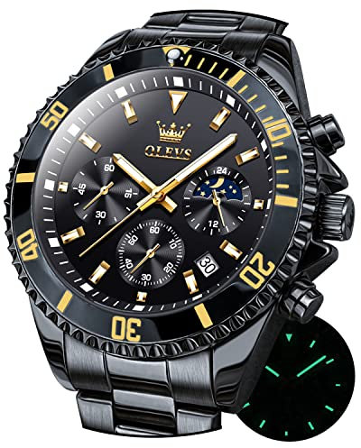 OLEVS Herrenuhren Chronograph Edelstahl Analog Japan Quarz Mondphase Uhr Wasserdicht Datum Business Klassisch Leuchtend Uhren für Männer