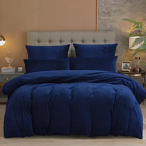 Damier Winter Plüsch Bettwäsche 135x200 Blau Dunkelblau Warm Flauschig Kuschelig Plüsch Bettbezug Set Uni Einfarbig Samt Cashmere Touch Bettwäsche 2 Teilig mit Reißverschluss und 80x80 cm Kissenbezug