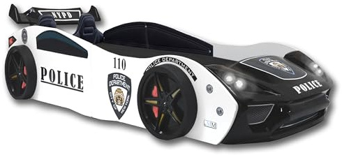 Aileenstore Autobett 90x200 Jungen Kinder Kinderbett Police + Sportsitze Rennwagenbett inkl. Lattenrost LED-Leuchte Spoiler (ohne Matratze)