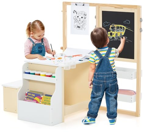COSTWAY Set 3 in 1 Tavolo e Sedie per Bambini 3+ Anni, Tavolo in Legno Sicuro con Lavagna Cancellabile, Magnetica, Cavalletto Regolabile, Libreria e Accessori Artistici, Ideale per Disegno (Bianco)