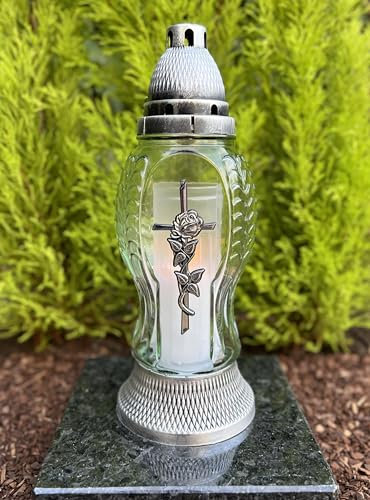 Grablampe mit Kreuz Farbe Silber Grabkerze Kerze Grablicht Grabdeko - ohne Sockel - inkl. Kerze