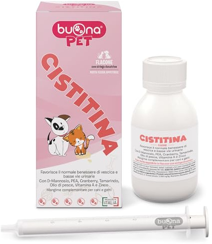 Cystitin Buona Pet 60 g hundar och katter, stöder urinvägarna med D-mannos, tranbär, tamarind, zink, grapefruktfrön, vitamin A, fiskolja, PEA Levagen Plus, L-Theanin, laktobaciller