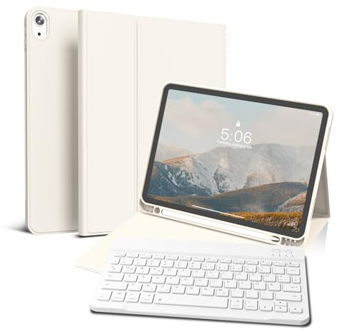 GKABXY Fodral med tangentbord för iPad Air 11 tum 2025 2024 (M3/M2), iPad Air 5 4 2022/2020 10,9 tum, mjukt TPU-skal med pennhållare, magnetiskt avtagbart folio tangentbordsfodral, gräddvit