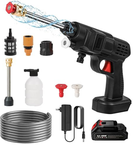 20 bar 200 W - Limpiador de alta presión inalámbrico, 21 V, con manguera de 5 m y batería, pistola de chorro de agua eléctrica de 5 l/min para coches, casa, jardín (1 batería)