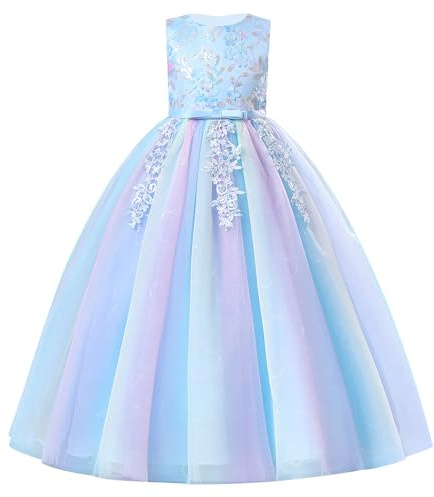 IBAKOM Girls Princess Dress: Sleeveless Sparkle Sequins 3D Flower Ruffle Tulle Tutu Flower Girl Dress - Birthday Wedding Party Ball Gown Blue 130