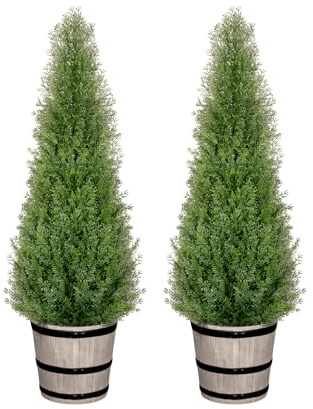 VIVATREES 3FT Artificial Cedar Topiary Trees with Rustic Barrel Planter, Outdoor Indoor Realistic Faux Pine Shrubs Plants, Fake Cypress Trees for Home Offices Porch Decor, Set of 2