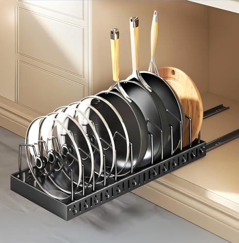 ZLPBAO Rangement Poele et Casserole, Range Couvercle avec 12 Compartiments Réglables, Porte-casseroles Support Extensible, Rangement Couvercle Casserole pour Tiroir Cuisine, Noir
