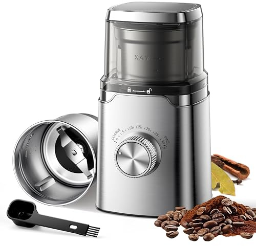 SHARDOR Electric Blade Coffee Grinder, Timed Grind Control Rotary Knob, All-stainless steel shell,Adjustable,for Coffee Beans, Spices & Herbs, with 1 Removable Stainless Steel Bowl,Sliver