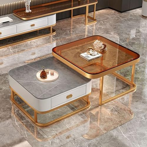 Modernt soffbord i marmor set med 2 – fyrkantiga glasbord med ram i rostfritt stål för vardagsrum sovrum kontor och nattduksbord – snygga sidobord