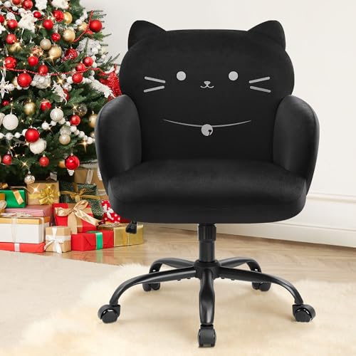 IWMH Home Office Chair,Cute Velvet Vanity Chair,Wide Seat Desk Chairs,Upholstered Modern Tufted Accent Armchair,Ergonomic Pet Cat Themed Computer Task Chairs for Living Room,Bedroom(Black)