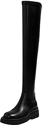 2026 - Botas de nieve para mujer con plataforma de cuero (54 cm) para mujer, rodilla redonda, a la moda, sobre el color del dedo del pie, sólido para mujer, Black, 39.5 EU
