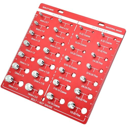 Misuratore di filettatura metrica e imperiale per dadi e bulloni, in lega di alluminio con scala incisa in pollici e centimetri, per filettature M4-M14 e da 6-32 a 1/2-20, rosso