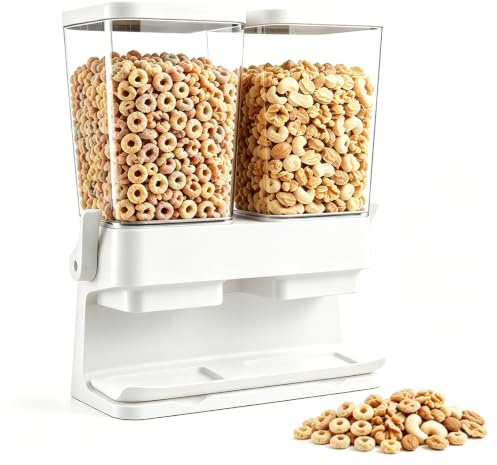Jinfanshurich Müslidispenser, 3 liter spannmålsdispenser och flingor dispenser, dubbel fack, design, krossar inte flingor när du spenderar för godis, nötter, bönor, granola (vit)