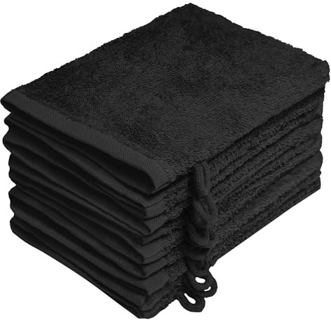 NatureMark 10x Waschhandschuhe aus Frottee 100% Baumwolle – Weich und Robust, Ideal für die tägliche Pflege und Gäste – Schwarz, 15x21 cm