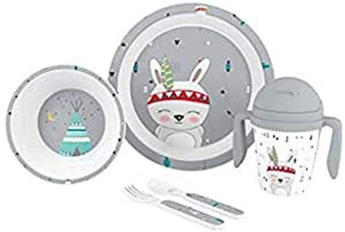 Juego de Vajilla Bebe Interbaby | Set Vajilla Infantil 5 Piezas Plato Llano, Bo, Cuchara, Tenedor y Vaso Antigoteo Aprendizaje | Apta para Microondas y Lavavajillas, Mayores de 6 Meses