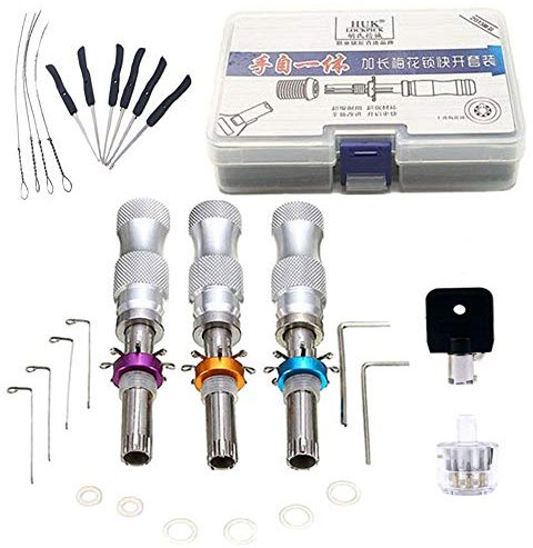 Juego de 3 púas tubulares ajustables de acero inoxidable de 7 pines y cerradura transparente de flor de ciruela con extractor de llaves rotas (combinación de llaves negras)