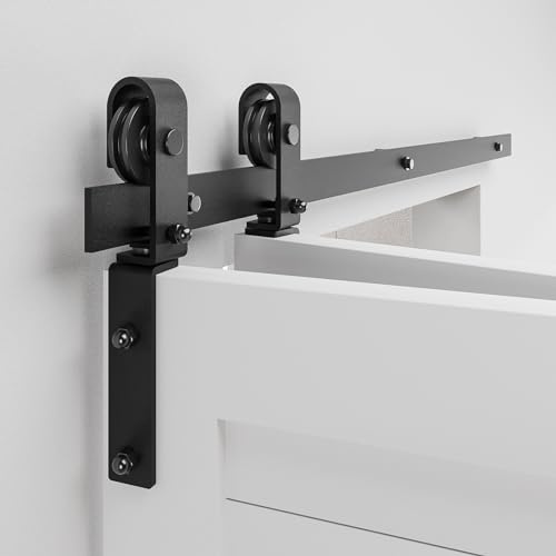 BONIKLUBA - Kit di montaggio per porta scorrevole a due ante pieghevoli, 152,4 cm, per 2 porte, funzionamento senza intoppi e silenzioso, rullo a forma di J, binario nero, porte non incluse