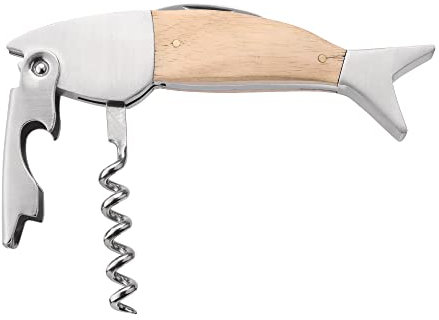 kwmobile Cavatappi a Forma di Pesce in Acciaio Inox e Legno - Cavatappi Professionali Apribottiglie Vino con Tagliacapsule - Apri Bottiglia Vino Argento