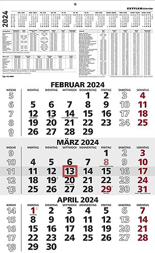 3-Monatskalender schwarz/rot 2024 - 29,7x48,8 - mit Kopftafel - Datumsschieber - 956-0000