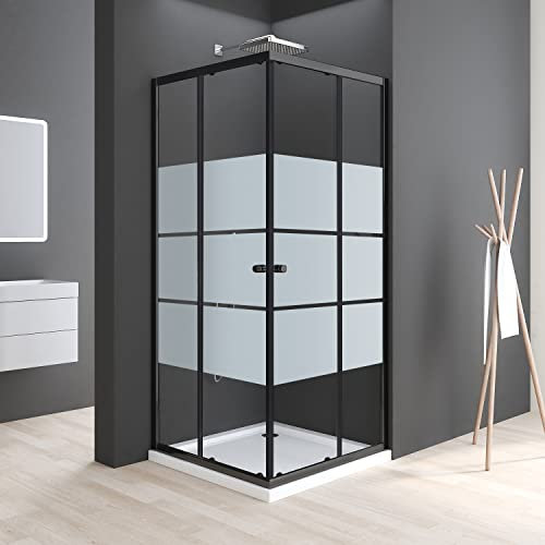 Schwarz Duschkabine Milchglas 80x80 cm Schiebetür Eckeinstieg Duschkabine mit Schiebetüren 6mm ESG Glas Duschschiebetür Duschabtrennung Eckeinstieg Duschwand Höhe 185cm