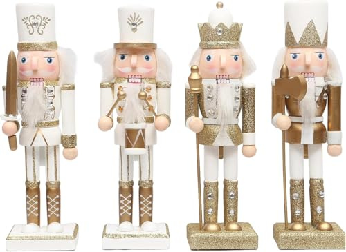 SHATCHI 25 cm nötknäppare i trä – 4 st set – soldater kung trummisdockor figurer jul heminredning prydnad, trä, guld och vit