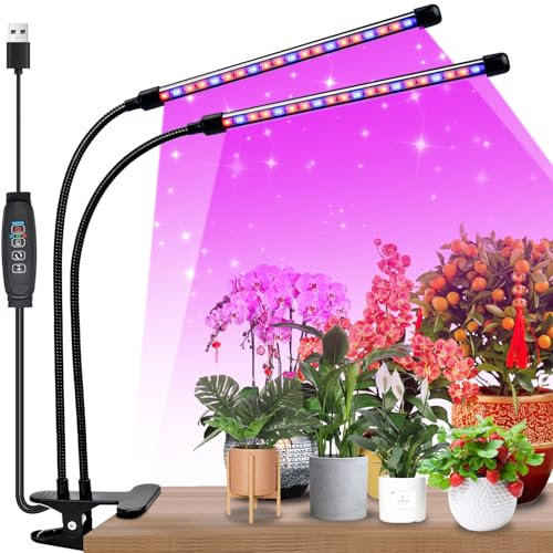 KINGOZOYI 2 Têtes Lampe de Plante LED Lampe Horticole Lampe de Croissance LED avec Minuterie Auto pour Plantes D'Intérieur avec Led Bleu Rouge Violet