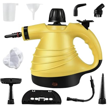 Limpiador a Vapor 1000W con 8 Accesorios y 3.5 Bar de Presión, Vaporeta con Depósito 450ML y Sistema de Seguridad, Ideal para Suelos Ventanas, Prendas, Limpieza Hogar, Tapicería Sofá, Coche (Amarillo)