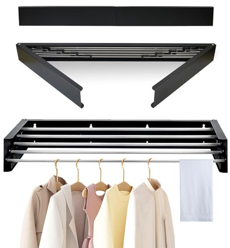 Gemsaya 80cm Wall Mounted Drying Rack, Stainless Steel Foldable Clothes Drying Rack, Indoor & Outdoor Space Saver Washing Line Clothes Dryer, Black Retractable Laundry Clothes Airer, 50 Kg Capacity