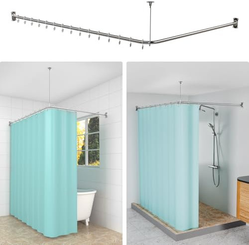 KULACO Duschvorhangstange L Form, Verstellbare Duschstange aus SUS304 Edelstahl, Stabil Duschvorhangschiene Ecke 100-120x100-190cm, Duschstange Badewanne Inkl. 16 Duschvorhangringe für Badezimmer