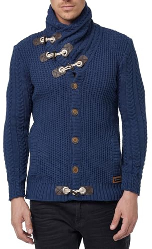 Gilet Homme Grosse Maille à Col Châle Veste Cardigan Col Montant BX418 Bleu Marine 2XL