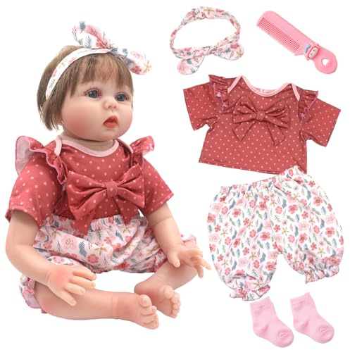 Süße Puppenkleidung 50-55 cm für Baby Puppe Mädchen/Jungen, 5 Stück Schmetterlingsknoten Kleidung Zubehör mit Florale Stirnband, Oberteil, Hose, Socken, Kamm, Puppengewand Geschenke für Kinder（Rosa）