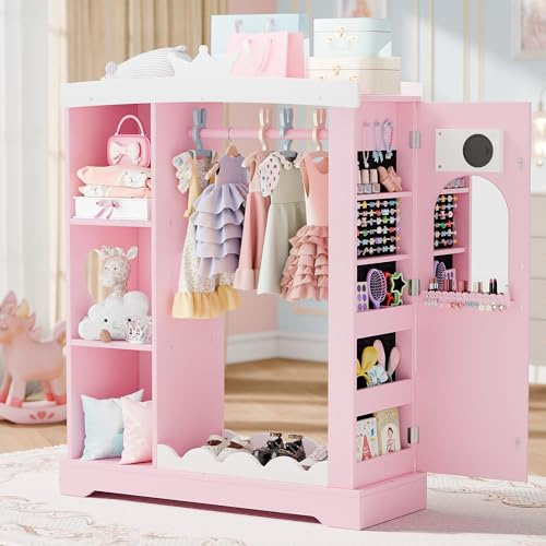 Betterhood Kids Closet with Jewelry Cabinet, Dress up Storage with Shelves&Mirror, Costumes Wardrobe Closet with Hanging Rack for Toddlers,Organizer for Bedroom, (Kids' Armoires, Pink)