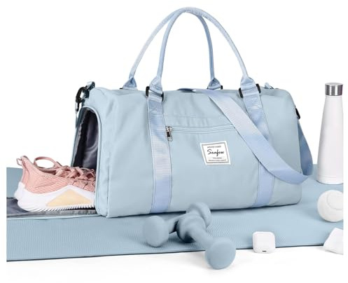 HYC00 Gym Bags Women Men Sports Duffle Bag with Shoes Compartment & Wet Pocket,Travel Duffel Bags for Women Large Weekend Overnight Holdall for Hospital Swimming Carry on Hand Luggage Bag,Sky Blue