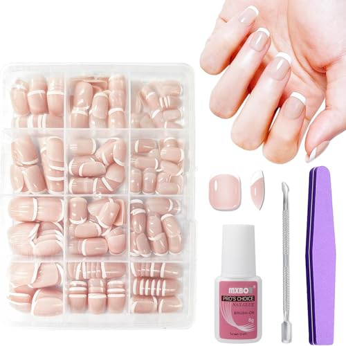 French False Nails - 240Pcs Square Press On Nails Short - Full Cover French False Nails Kit - 15 Size Acrylic Nail Tips Stick On Nails For Women Manicure Home