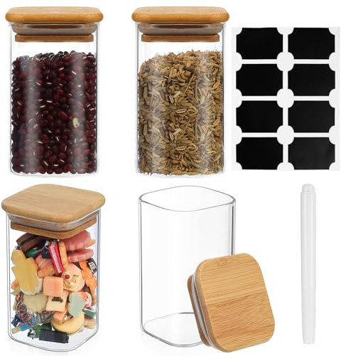 qiwuhai 4 Pcs Bocaux en Verre Hermétique, 300 ml Pots et Bocaux de Conservation Verres, Boîte Bocal en Verre avec Couvercle en Bambou Hermétique pour Rangement Cuisine épices Café Poudre