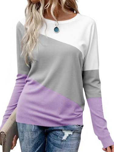 Cicy Bell Colorblock - Maglietta da donna a maniche lunghe, girocollo, casual, a tunica, viola chiaro, XXL