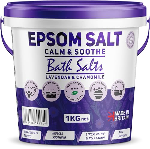 Scented Epsom Bath Salts 1kg - Calm & Soothe with Lavender & Chamomile Essential Oils | 100% Natural Magnesium Sulphate | Infused Bath & Foot Soak for Sleep, Stress Relief & Muscle Recovery