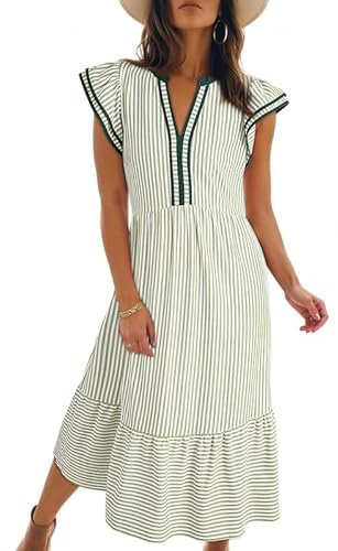 Dokotoo Vacation Dresses for Women 2026 V-Neck Ruffle Cap Sleeve Empire Waist Beach Dress Side Pockets Striped Summer Midi Maxi Green Dress Large