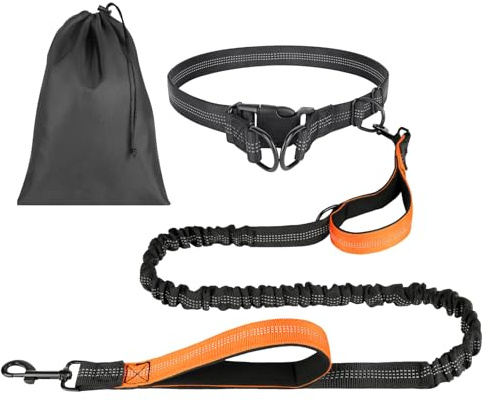 OFFCUP Hands Free Hundkoppel med Väskomslag, Hundspringkoppel med Justerbar Midjebälte och Dubbelhandtag för Promenad, Vandring, Träning, Jogging, Midjekoppel med Reflekterande Stötar (Orange)
