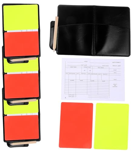 Healvian Juego de Tarjetas de Árbitro de Fútbol 4 Piezas con Funda de PU, Bolígrafo y Papel de Récord, Tarjetas Estándar Roja y Amarilla para Árbitro Deportivo en Partidos y