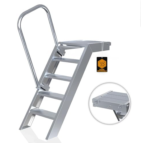 Escaleras de aluminio Rux Rungscaff con ayuda para subir - [5 peldaños] escaleras de exterior - 1 m de alto, 58 cm de ancho, 45 grados - escaleras para estanque, jardín - escaleras con descansillo